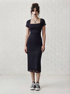 Vintage 90s Y2K Whimsigoth Black Pinstripe Rockabilly Square Neck Midi Dress